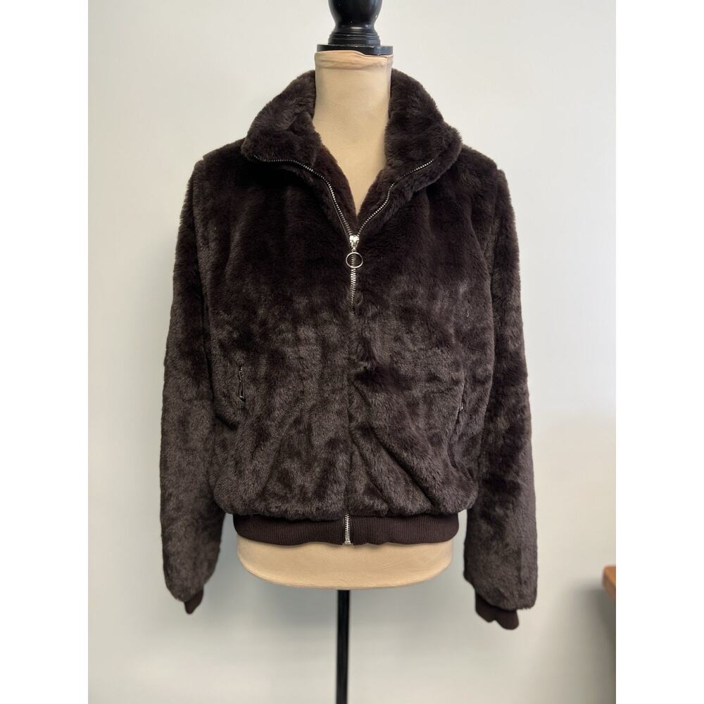 Faux Fur Brown Coat Y2K Style Retro Large Bomber‎ Zip Up Soft Glam Old Hollywood